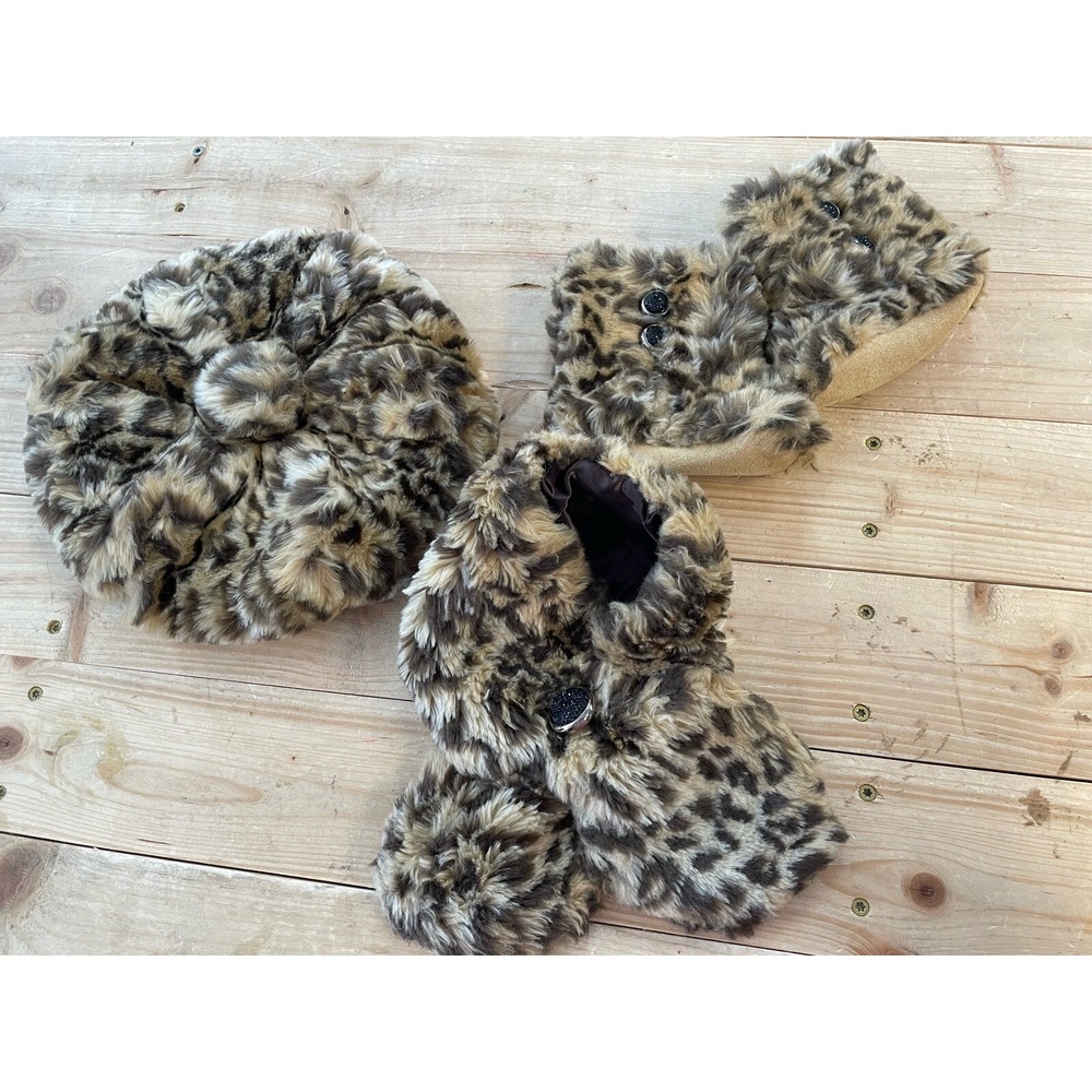 Mud Pie‎ Toddler Baby Girl Leopard Fur Scarf Hat Mittens Set